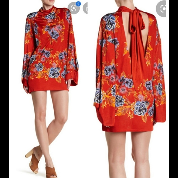 Free People Dress Floral Cocktail Party Oversized Loose Boho Red Mini SMALL Sexy - Picture 8 of 11